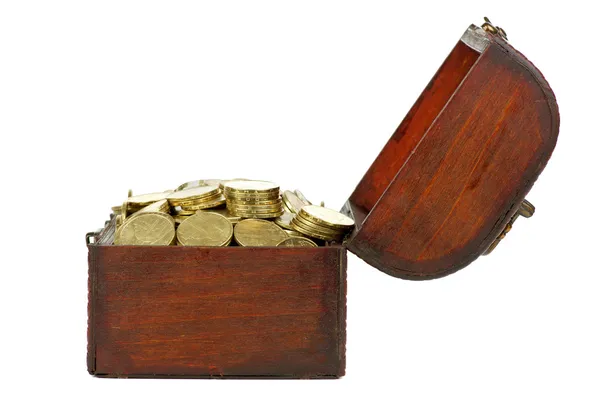 Old wooden chest with golden coins — Stock Photo, Image
