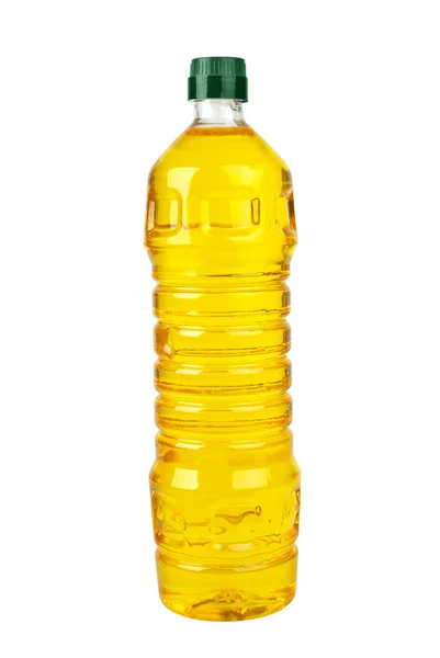 Botol plastik dengan minyak bunga matahari (jagung atau zaitun) — Stok Foto
