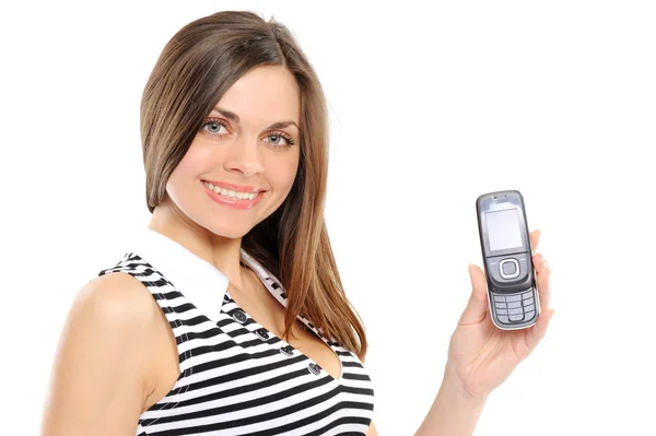 Mutlu bir kadın ona yeni telefon gösterilen — Stok fotoğraf