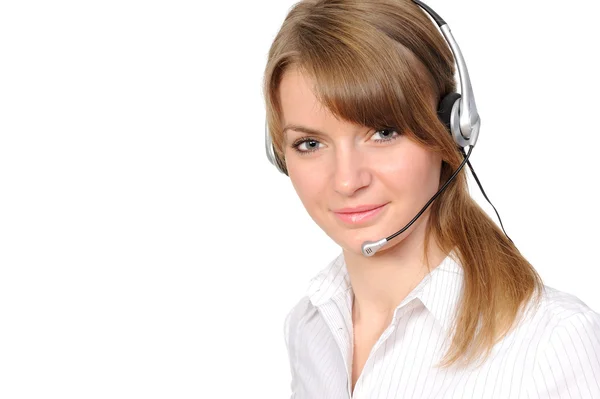 Biznes kobieta w słuchawkach — Zdjęcie stockowe