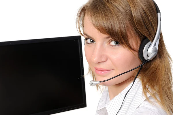 Business woman in headphones — Stock Photo, Image