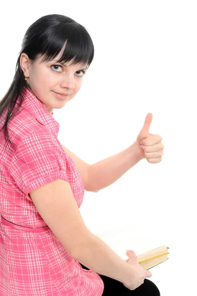 Young woman with thumbs ok; with book; — Stock Photo, Image