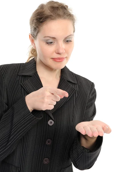 Woman pointing out with finger — Stock Photo, Image