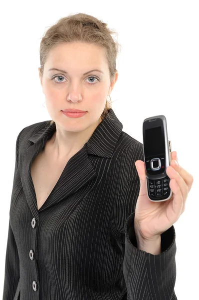 Nő mutatja őt telefonon — Stock Fotó