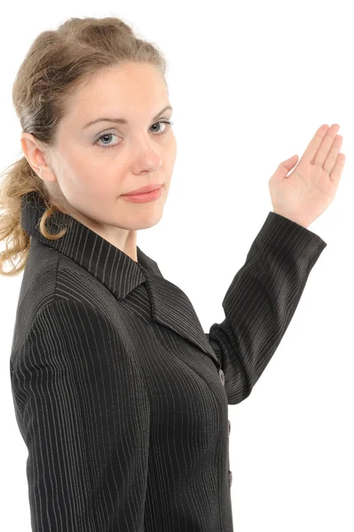 Woman pointing out with hand — Stock Photo, Image
