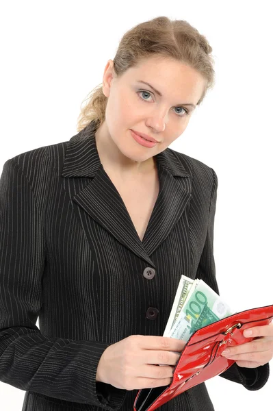 Picture of lovely woman with purse and money — Stock Photo, Image