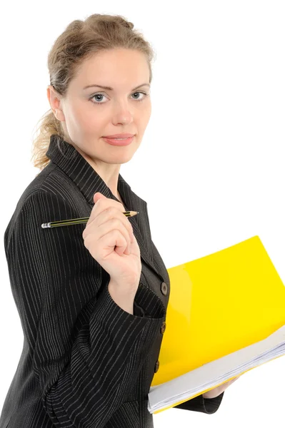 Молодая предпринимательница держит планировщик / папку — стоковое фото