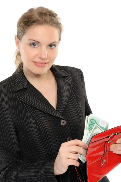 Woman with purse and money — Stock Photo, Image