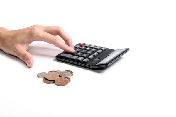 Calculator, Coins and Human Hand — Stock Photo, Image