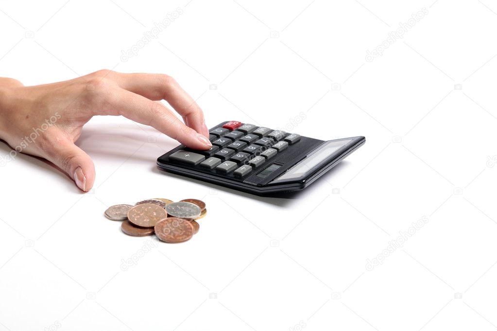 Calculator, Coins and Human Hand