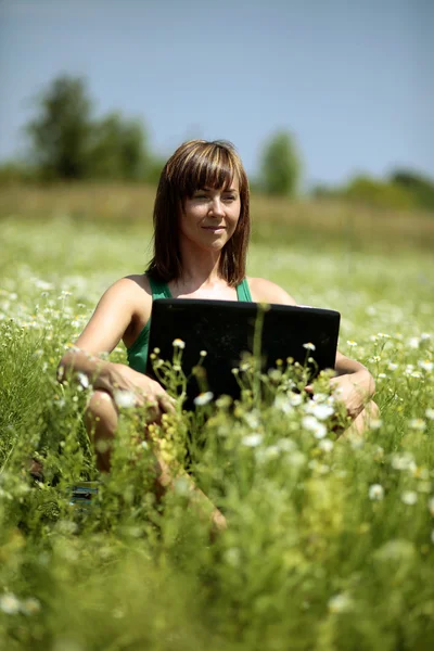 Working with laptop in meadow — Stock Photo, Image
