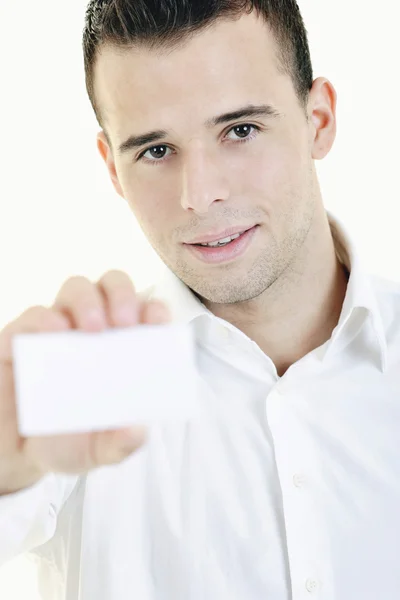 Business man with empty card isolated — Stock Photo, Image