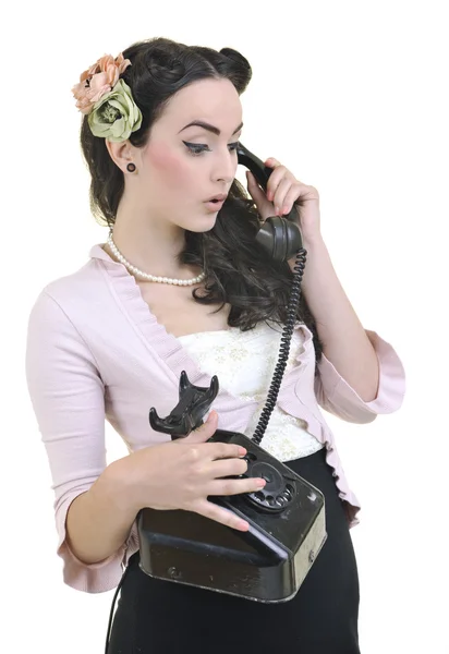 सुंदर लड़की पुराने फोन पर बात कर रही — स्टॉक फ़ोटो, इमेज