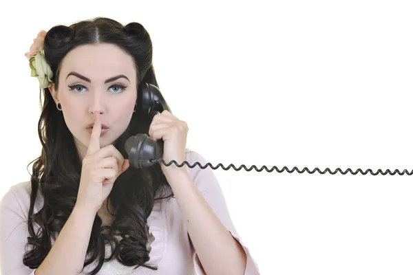 Chica bonita hablando por teléfono viejo — Foto de Stock