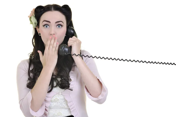 Hezká dívka mluví starého telefonu — Stock fotografie