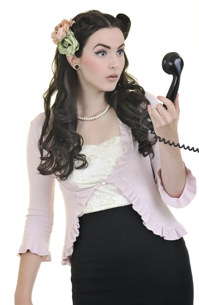 Menina bonita falando no telefone antigo — Fotografia de Stock