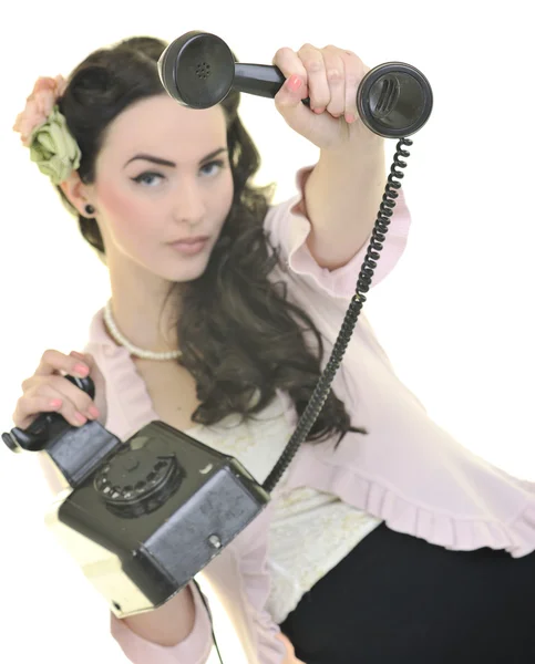 stock image Pretty girl talking on old phone