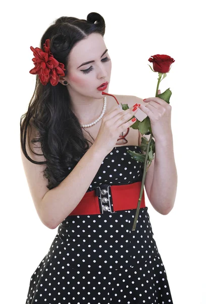 Fiatal nő, elszigetelt fehér Rózsa virág — Stock Fotó