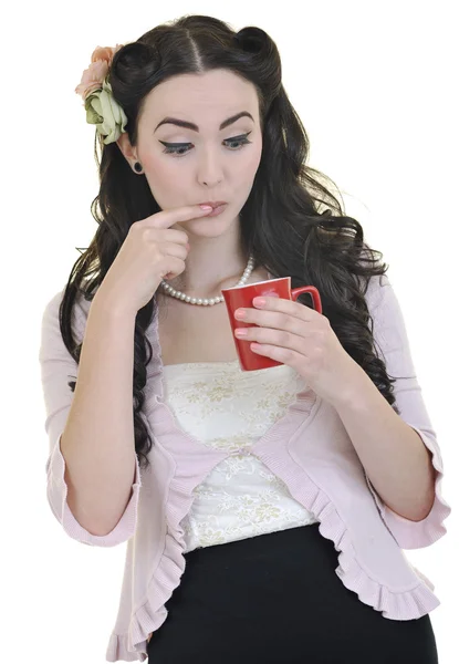 Mulher bonita com golpe vermelho de café isolado no branco — Fotografia de Stock