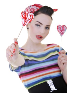 Happy woman with lollipop isolated on white clipart