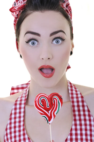 Glad kvinna med lollipop isolerad på vit — Stockfoto