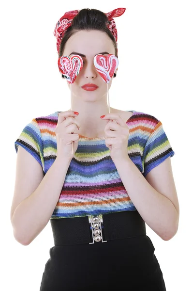 Happy woman with lollipop isolated on white — Stock Photo, Image