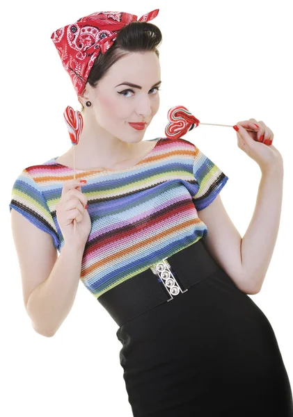 Happy woman with lollipop isolated on white — Stock Photo, Image