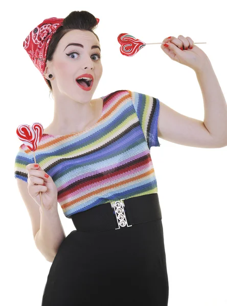 Glad kvinna med lollipop isolerad på vit — Stockfoto