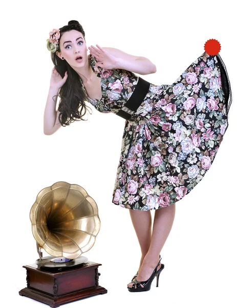 Muiscursor houden jurk van jonge vrouw — Stockfoto