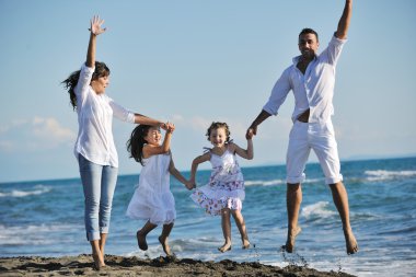 Happy family playing with dog on beach clipart