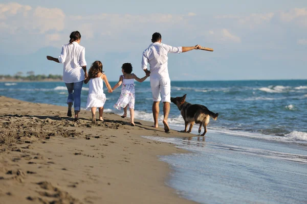 Heureux famille jouer avec chien sur la plage — Photo