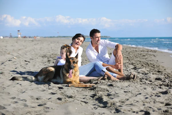快乐的家庭在海滩上与狗玩耍 — 图库照片