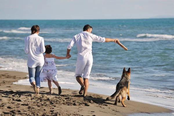 Ευτυχισμένη οικογένεια παίζει με το σκυλί στην παραλία — Φωτογραφία Αρχείου