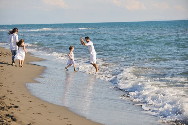Счастливая семья, играющая с собакой на пляже — стоковое фото