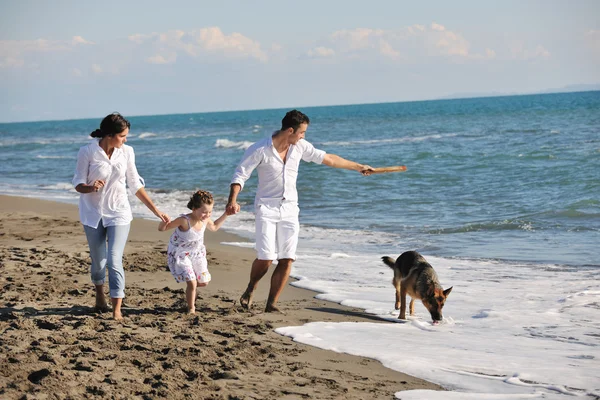 Šťastná rodina hrát se psem na pláži — Stock fotografie