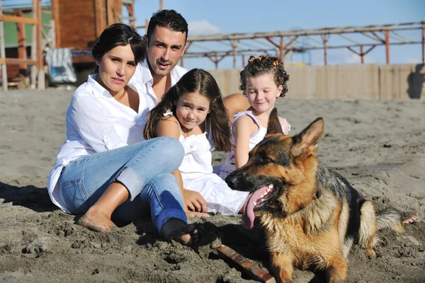 Szczęśliwa rodzina bawi się z psem na plaży — Zdjęcie stockowe