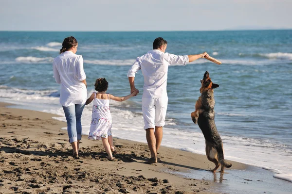 Lycklig ung familj ha kul på stranden Royaltyfria Stockfoton