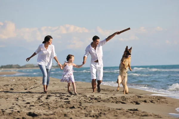 Lycklig ung familj ha kul på stranden Stockbild