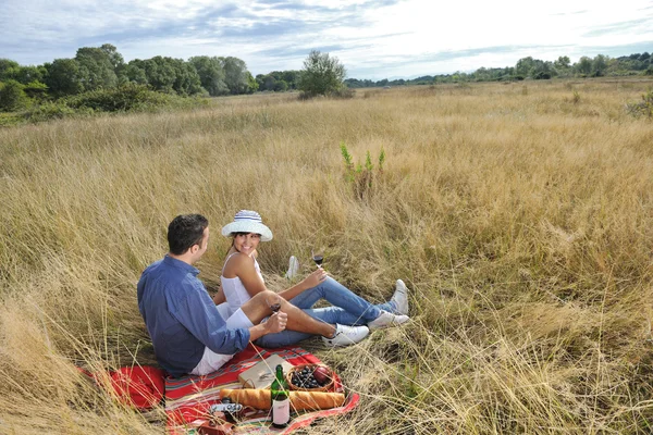 Lyckligt par njuter av landsbygden picknick i långt gräs — Stockfoto