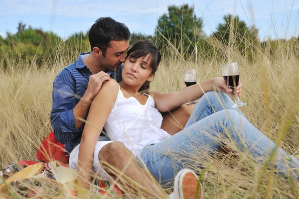 Felice coppia godendo campagna picnic in erba lunga — Foto Stock