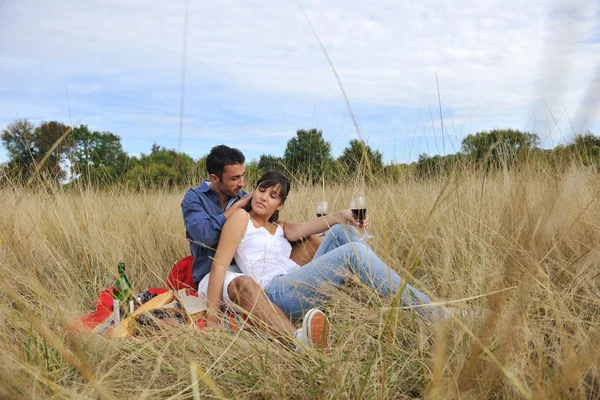 Couple heureux appréciant la campagne pique-nique dans l'herbe longue — Photo