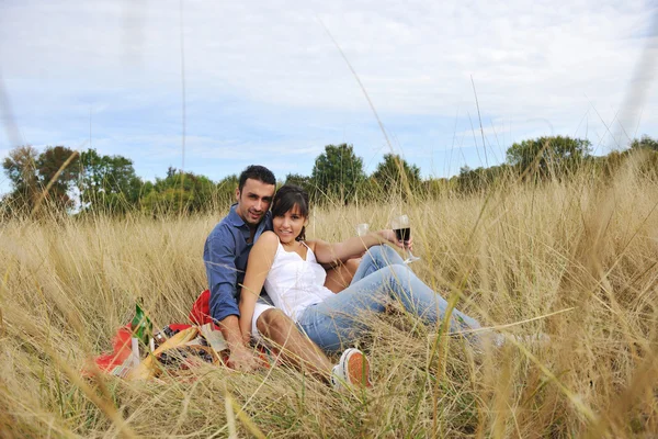 Счастливая пара наслаждается пикником в сельской местности на длинной траве — стоковое фото
