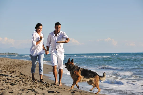 Família feliz brincando com o cão na praia — Fotografia de Stock