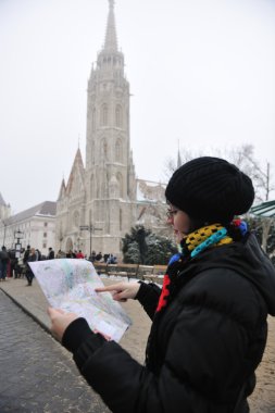 mutlu genç kadın turist Budapeşte Macaristan, seyahat