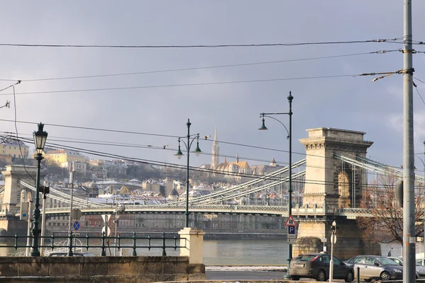 Viejo Puente Cadena Budapest Día Río Danubio — Foto de Stock
