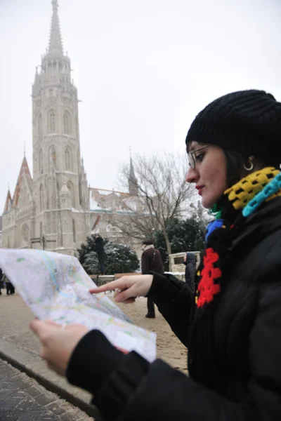 Mutlu Genç Kadın Turist Budapeşte Macaristan Seyahat — Stok fotoğraf