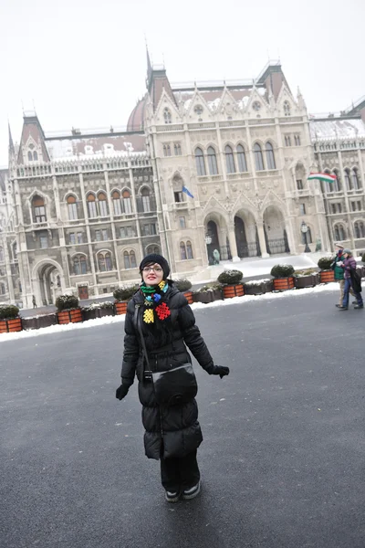 Happy Young Woman Travel Tourist Budapest Hungary — Stock Photo, Image
