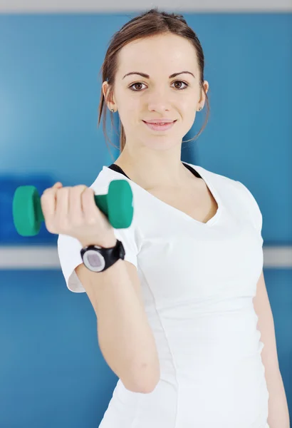 Happy Diet Concept Young Woman Pink Scale Sport Fitnes Gym — Stock Photo, Image
