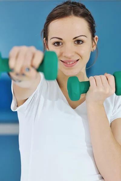 Happy Diet Concept Young Woman Pink Scale Sport Fitnes Gym — Stock Photo, Image