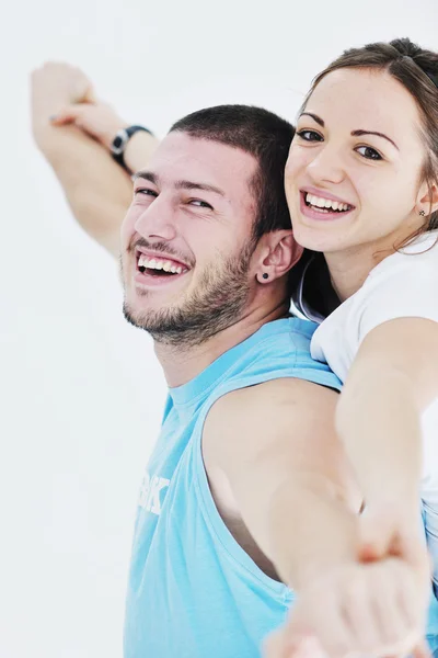 Lyckliga unga par fitness träning och skoj — Stockfoto